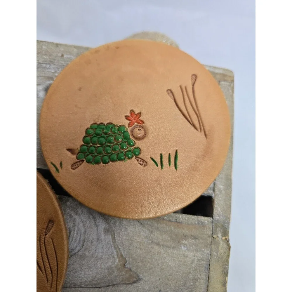 Vintage Tooled Leather Coasters Set of 4 Hand Painted Bee Frog Butterfly Bird